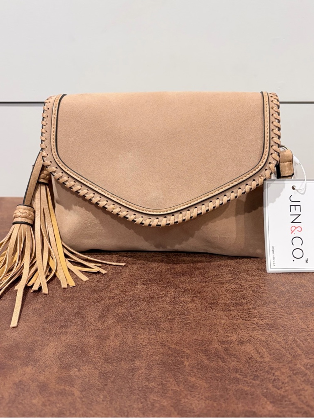 Jen & Co Vegan Suede Crossbody Boho Tassel Envelope Bag Neutral Western Festival